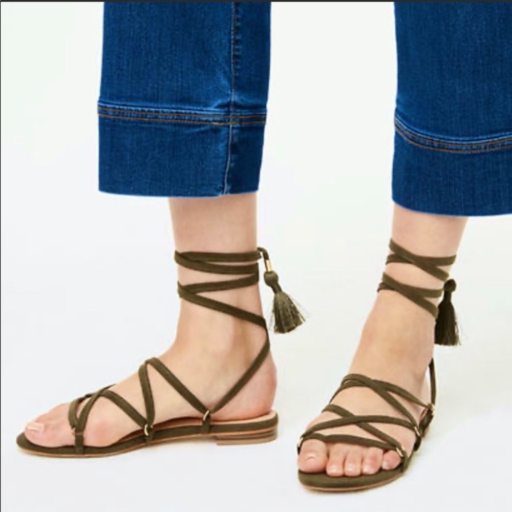 2/$30 LOFT Olive Green Tie Up sandal with tassels